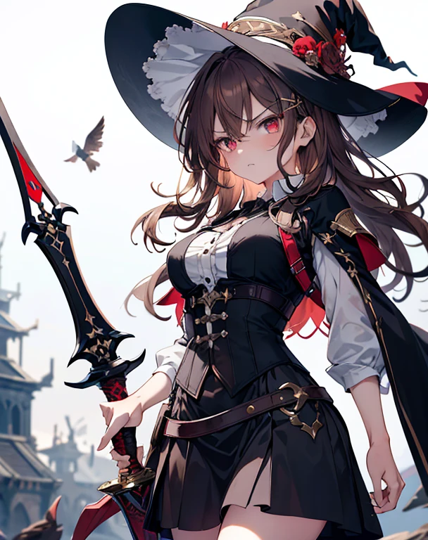 masterpiece,1girl, sparrow, a brown haired girl, wearing a witch clothes, wavy medium hair, messy hair, black skirt, slim body, she have a sword, medium breasts, she close her left eye, shirt ornament, lolippai, angry face, beautiful breasts, rounded breasts, crimson eyes, break halo, wizard hat, crimson eyes