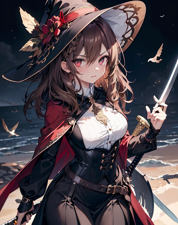 masterpiece,1girl, sparrow, a brown haired girl, wearing a witch clothes, wavy medium hair, messy hair, black skirt, slim body, she have a sword, medium breasts, she close her left eye, shirt ornament, ppai, angry face, beautiful breasts, rounded breasts, crimson eyes, break halo, wizard hat, crimson eyes