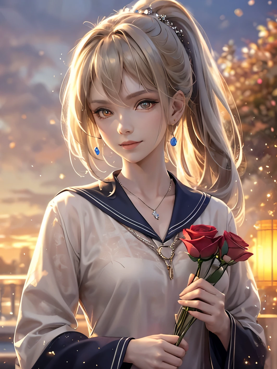 In the background is a garden filled with red roses, Silver Hair, Front Ponytail, Eye Reflexes, Red contact lenses, Pink Eyes,Heterochromia， Put on earrings, blue crystal pendant，Wicked Smile, hair band，Attention to detail, Romanticism, Depth of written boundary, Shine, Ray Tracing, Viewfinder, Zoom Layer, close, Bokeh, Anatomically correct, Attention to details, 1080p, Ultra Hi-Vision
woman，High Ponytail，Sailor suit, More on water patterns on clothes，The expression is solemn，Holding a knife，Detailed depiction of shiny blades，reflected light，
ゴージャスで繊細にShine小さな蝶の髪飾り，Vibrant colors，Detailed engraving，Shine brightly，Attention to detail，The jewelry is of high quality，Very high quality