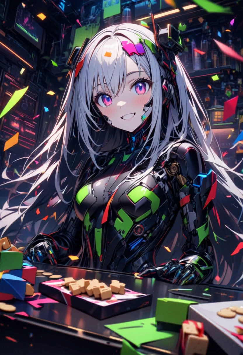 High quality, high definition images, full HD、
8k.1 girl( white long hair),ai cyborg girl 、(white and black cyborg body) , many mechanisms are visible,Many green lights on the exterior
In a modern A bar with a cyber atmosphere,with both hands I have crackers for the party 
Crackers, lots of colorful confetti,Smiling and looking at the camera,