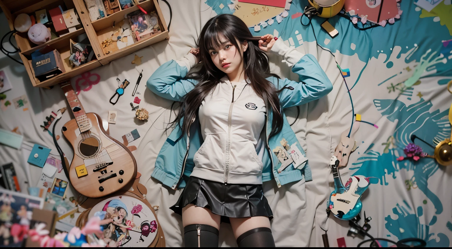 The girl lay on the bed，Holding a guitar and a bunch of toys, Guviz-style artwork, Anime girl cosplay, cyberpunk anime girl, style of anime4 K, e - girl, E-Girl, Guviz, Fanart Meilleure ArtStation, Guweiz in Pixiv ArtStation, anime-inspired, cyberpunk anime girl in hoodie