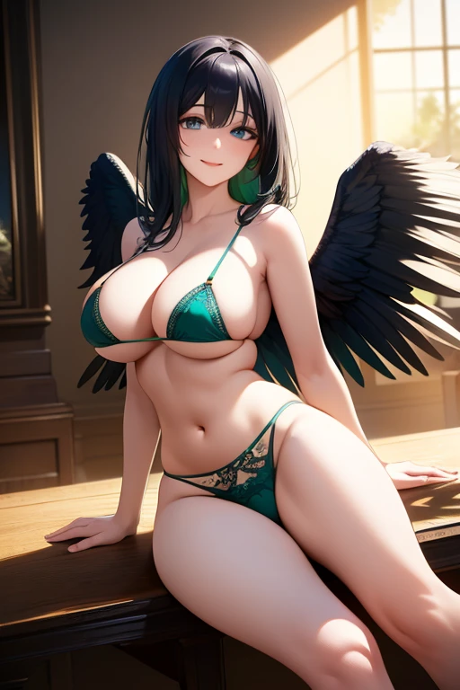 (masterpiece, best quality), intricate details, 8k, artstation, wallpaper, official art, splash art, sharp focus, 1girl,barefaced,((green lingerie)), ((white wings)),black hair, blue eyes, smile, sexy, large breast, sexy, Sexy, big bust, beautiful body,