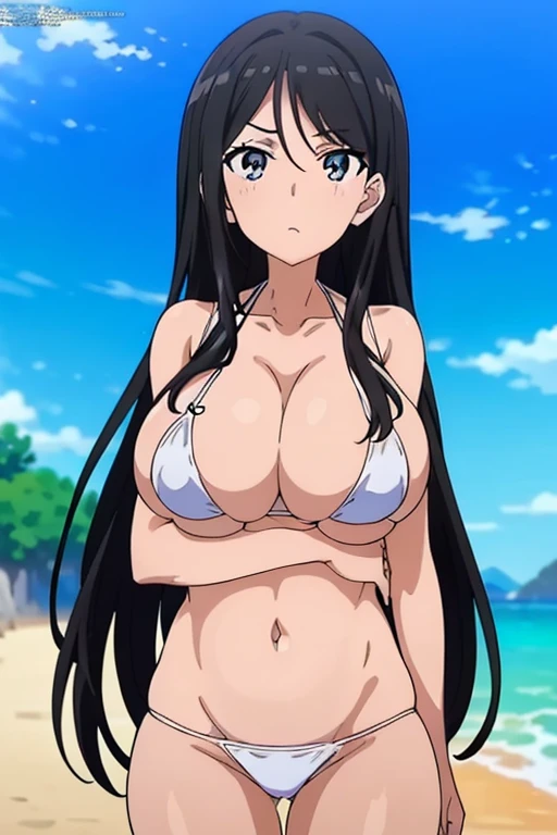 (masutepiece, Best Quality, High resolution, anime screen cap, anime colours, megami magazine:1.2, anime poster style, anime keyvisual, sharp, 8k, photorealistic), (beautiful eyes:1.5), Blowmailing, 1girl in, Cute, blush, (Long Black Hair:1.5), (Oversized large sagging breasts:1.5), cleavage, ((White Micro Bikini:1.5, Thin fabric)), Navel Ejection, Arms Down, Upper body, beach side, ((Perfect Anatomy, beautifull detailed face, Beautiful detailed eyes, beautiful detailed hair, Beautiful detailed body)), thick outline, Beautiful outlines, black outlines