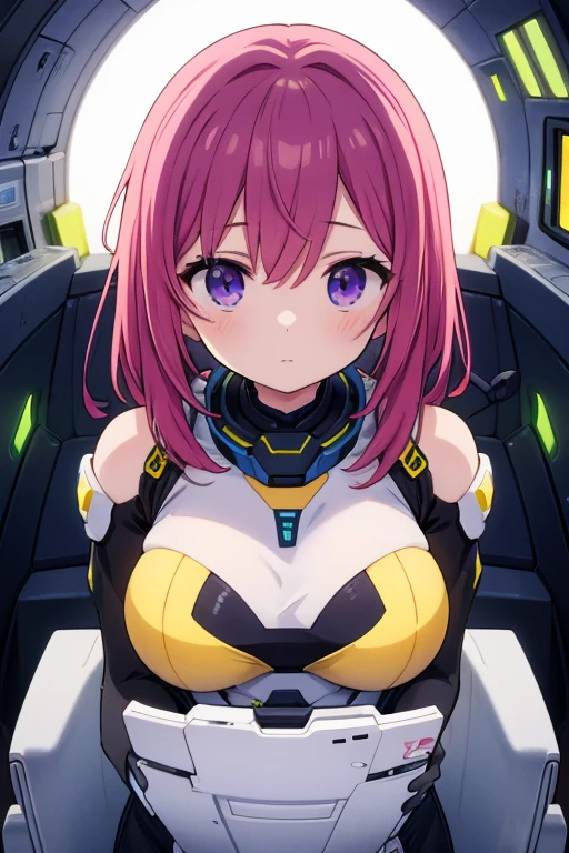 
operators girl, futuristic space ship, sit close , operating on terminal, futuristic instrumentation, focus on upper body, yellow suit, long violet hair, medium breast ,(masterpiece:1.2),(best quality:1.2),newest, ai-generated, intricate

