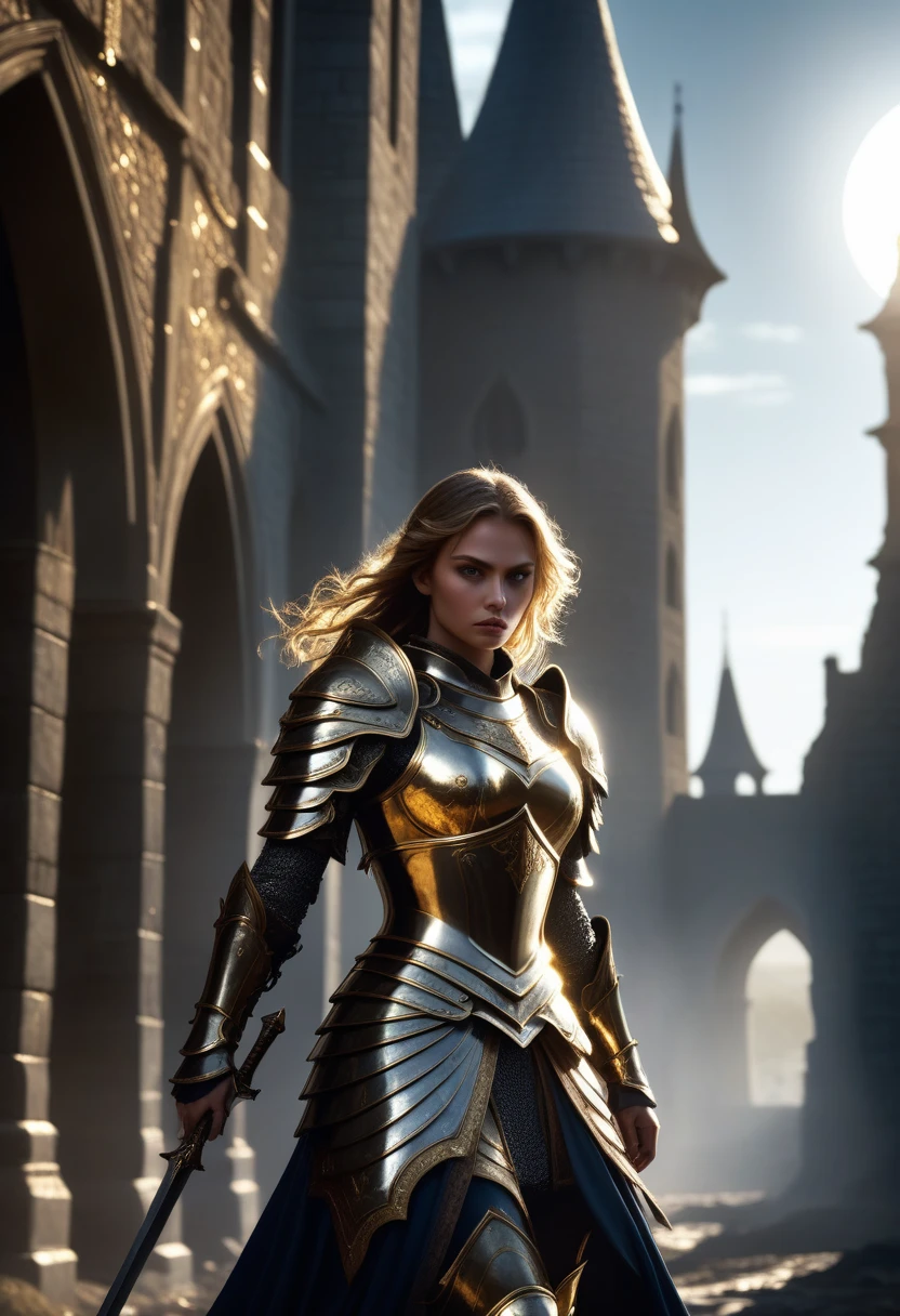 (highres), dark and mysterious, armor, shining metallic plates, powerful and confident stance, moonlit battlefield, intensity, dramatic lighting, epic battle, flowing cape, golden accents, moonlight reflection, dangerous aura, determination, glowing eyes, war-torn surroundings, intricate engravings on the armor, skilled warrior, medieval setting, shadows, intense expression, warrior princess, fearsome reputation, iconic silhouette, evokes awe and respect.