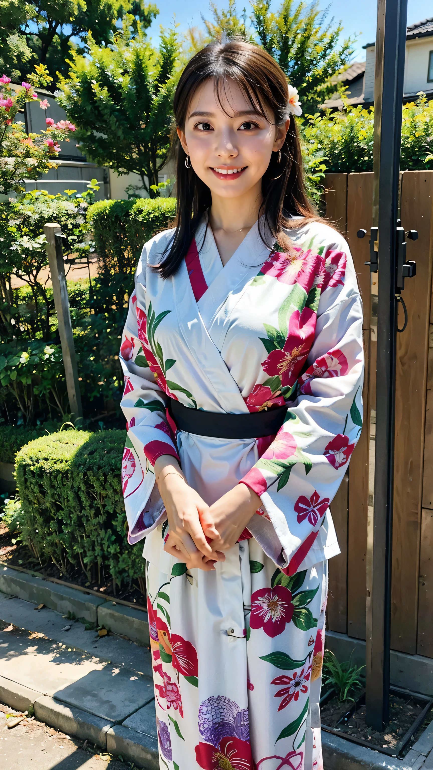 (8k、RAW Photos、highest quality、masterpiece:1.2)、(Realistic、Realistic)、1 girl、((smile、Ribbon on chest、Short kimono、I can see your legs、Floral、Big breasted、View from the front、garden、See-through、Are standing))、Lots of eyelashes、Glowing eyelids、skeletally correct