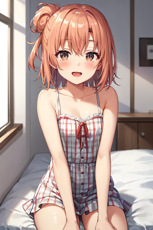 ((highest quality)), ((masterpiece)), (be familiar with), Perfect Face, indoor, Bedroom, Watching the audience,
One woman, Yuigahama Yui,
Open Mouth, Ecstatic expression, blush, smile,
Small breasts, Flat Chest, Young Girl, , , Girl,
Short Hair, Salmon-colored hair, Salmon-colored eyes, Side Pony,
Leg spread,