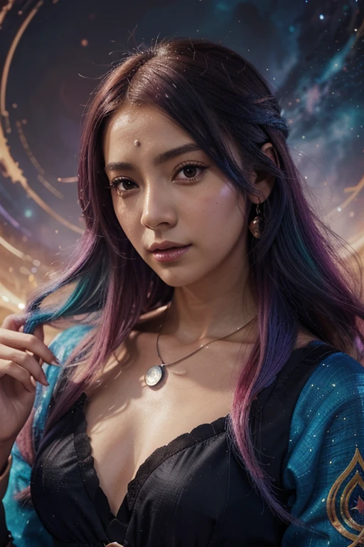 Close-up of a woman with Colorida hair and necklace, anime girl with cosmic hair, Vitalidade suave de Rossdraws, Arte em estilo Gouvez, estilo de arte de fantasia, Colorida], estilo de fantasia vibrante, Desenho animado Rossdraws cheio de vitalidade, cosmic and Colorida, Guweiz, Colorida digital fantasy art, estilo de arte impressionante, lindo estilo de anime, Pele branca, sutil