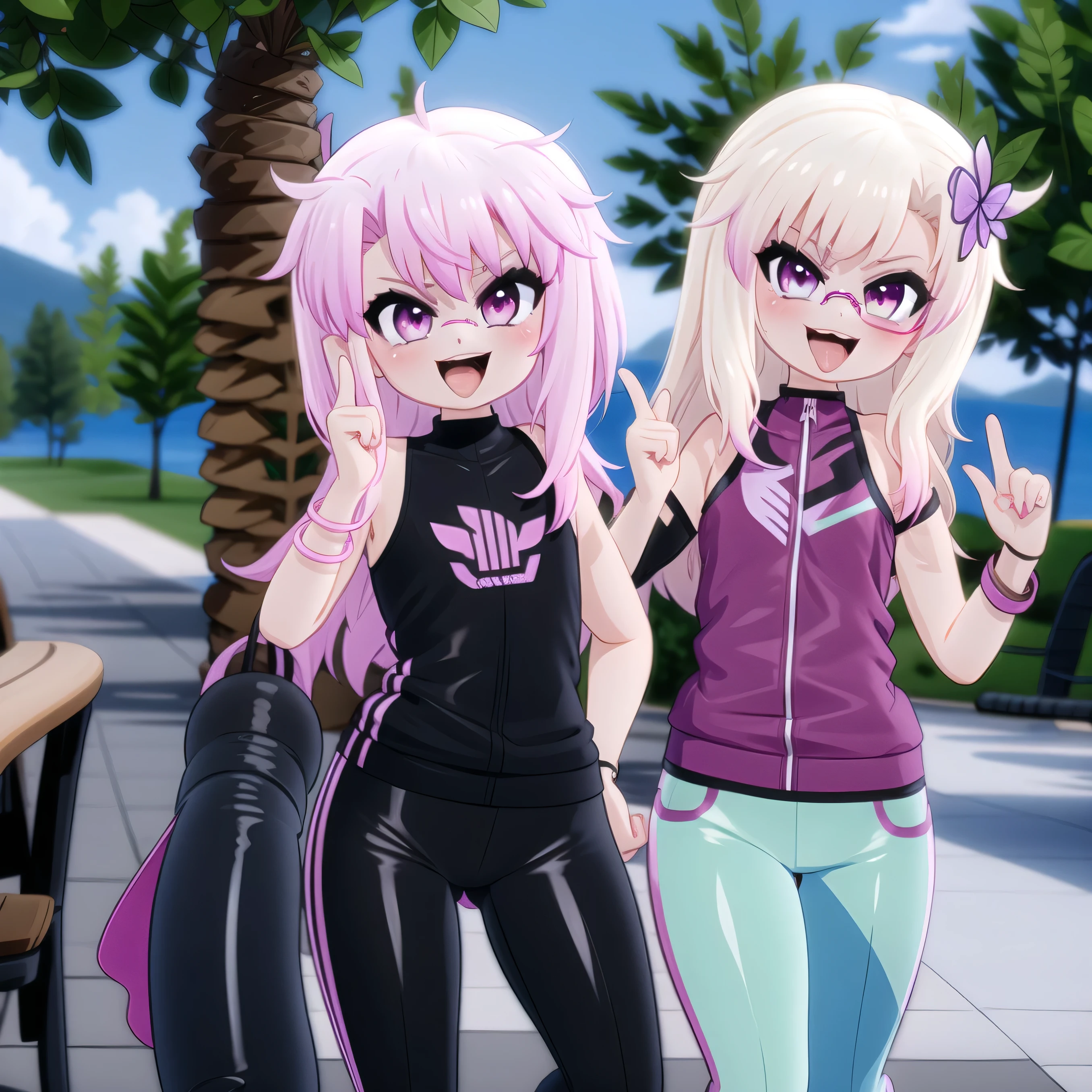 By mantis-x, young girls, tight pants,, happy, suck finger, sexy, pink hair, sunglasses 