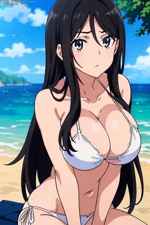 (masutepiece, Best Quality, High resolution, anime screen cap, anime colours, megami magazine:1.2, anime poster style, anime keyvisual, sharp, 8k, photorealistic), (beautiful eyes:1.5), Blowmailing, 1girl in, Cute, blush, (Long Black Hair:1.5), (Oversized large sagging breasts:1.5), cleavage, ((White Bikini:1.5, Thin fabric)), Navel Ejection, Arms Down, Upper body, beach side, ((Perfect Anatomy, beautifull detailed face, Beautiful detailed eyes, beautiful detailed hair, Beautiful detailed body)), thick outline, Beautiful outlines, black outlines