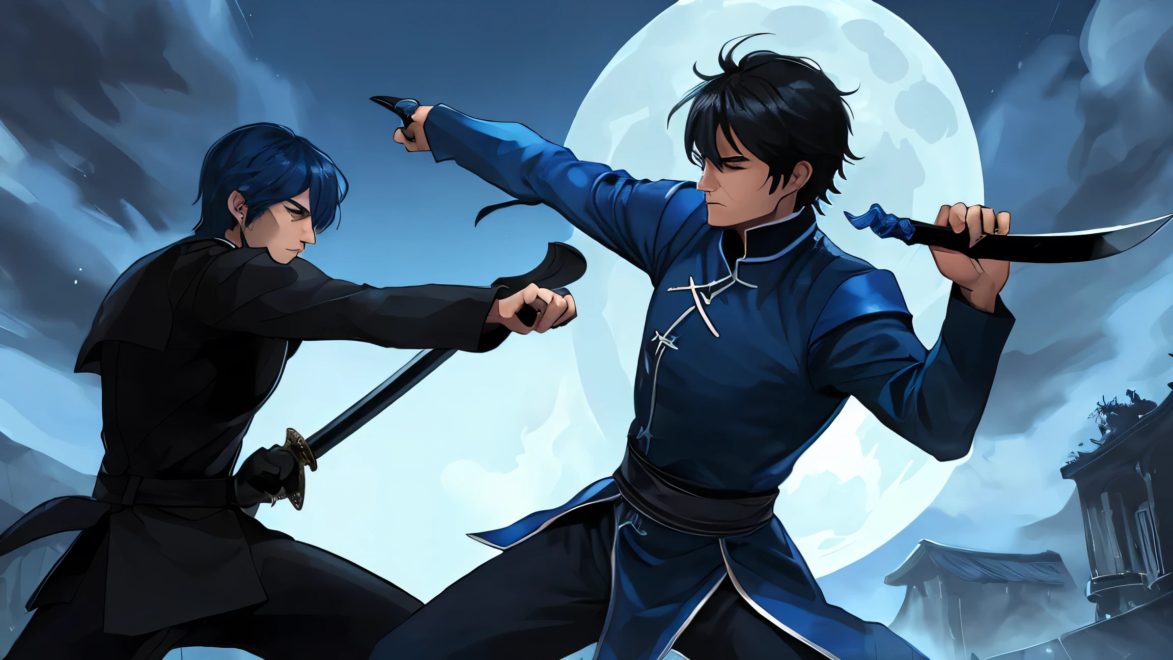 The swordsman in blue kicked a man in black, under the moonlight