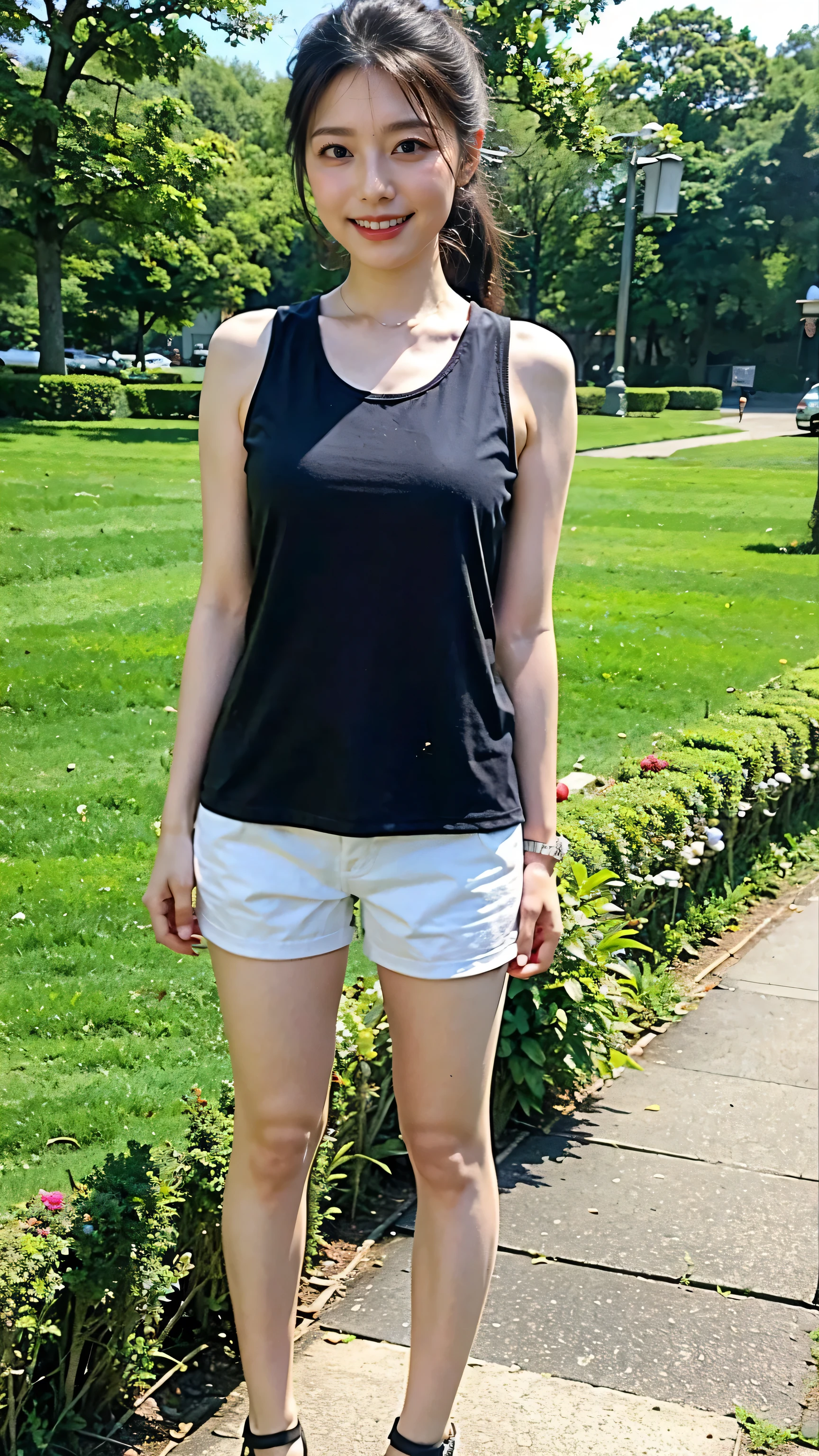 (8k、RAW Photos、highest quality、masterpiece:1.2)、(Realistic、Realistic)、1 girl、((Shorts、Black tank top、Large Breasts、View from the front、garden、ponytail、Sandals、Are standing))、Lots of eyelashes、Glowing eyelids、skeletally correct
