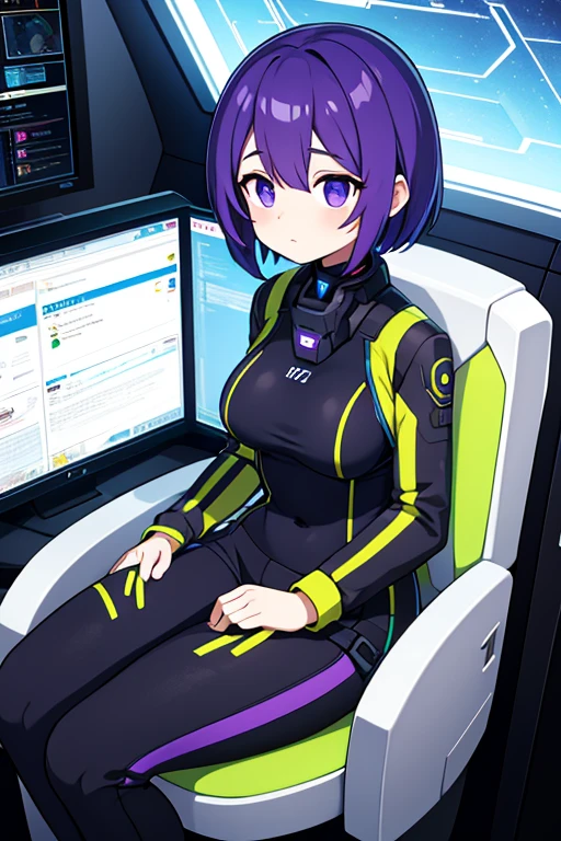 operators girl, futuristic space ship, sit close , operating on terminal, futuristic instrumentation, focus on upper body, yellow suit, long violet hair, medium breast ,(masterpiece:1.2),(best quality:1.2),newest, ai-generated, intricate, full body