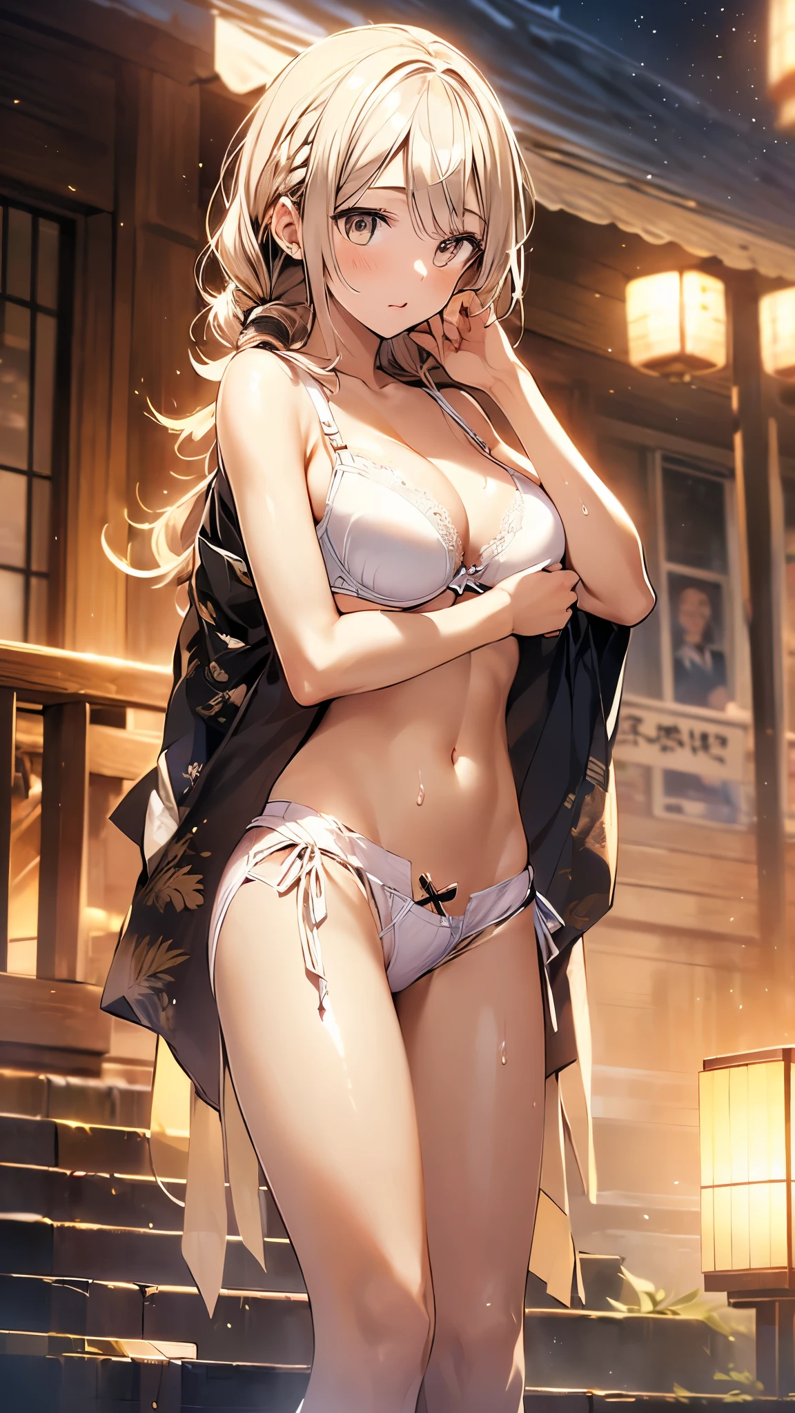 nswf、(((night,真night中))),(whole body)，(((Cinema Lighting)))，((Perfect Anatomy:1.2,Realistic:1.3,RAW Photos:1.3,masterpiece、highest quality、Ultra - High resolution、High resolution、Highly detailed CG、8k)),((旅館のJapanese-style room))、{{Random pose}}，((((Dynamic Pose))))，((Dynamic Angle))，(((Secret Travel)))、((sex))、indoor、1 female,alone,18-year-old、High school girl beautiful girl,Japanese,((Beautiful and graceful face and eyes:1.2,Big beautiful eyes:1.0,)),(Bright Eyes),((Beautiful woman))、((blonde)),Long Hair,(Random hairstyle),Medium Chest,((The body is slim)),Small Head:1.3,skinny,(Brown Skin:1.8),((Oily skin,Glowing Skin,Shiny skin,Sweat:1.4)),(((Kimono 1.8)))，{{{Undressing}}}，(prostitution),Japanese-style room，((Turn your body forward))，Stick out your crotch、(Detailed depiction of the crotch)，break,(((Satin Bra)))、(((satin panties)))、(Shiny bra:2)，((Shiny panties:2))、(((Award-winning design underwear)))，((((Bra and panties are the same color))))、break，((White underwear:1.5))、(((Underwear with lace)))、(((Luxury Lingerie)))、{{{cum facial}}}，{{{cum in mouth}}}，{{cum on breasts}},{{{cum on face}}},{{bukkake}}，((Vulgarity:1.5))
