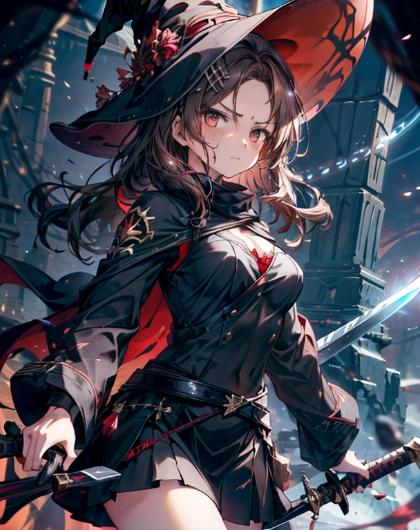 masterpiece,1girl, sparrow, a brown haired girl, wearing a witch clothes, wavy medium hair, messy hair, black skirt, slim body, she have a sword, medium breasts, she close her left eye, shirt ornament, lolippai, angry face, beautiful breasts, rounded breasts, crimson eyes, break halo, wizard hat, crimson eyes