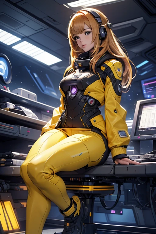 operators girl, futuristic space ship, sit close , operating on terminal, futuristic instrumentation, focus on upper body, yellow suit, long violet hair, medium breast ,(masterpiece:1.2),(best quality:1.2),newest, ai-generated, intricate, full body