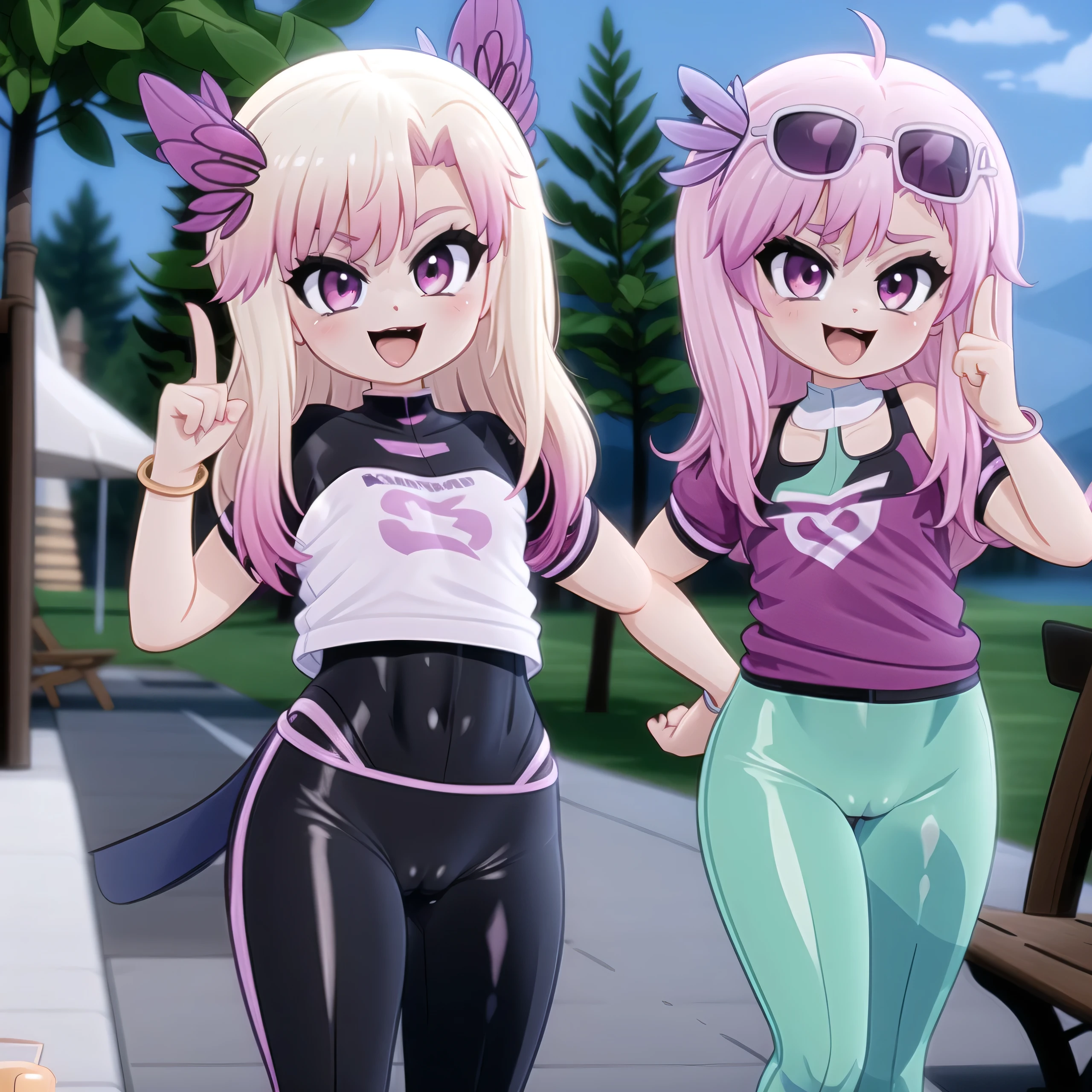 By mantis-x, young girls, tight pants, cameltoe, happy, suck finger, sexy, pink hair, sunglasses