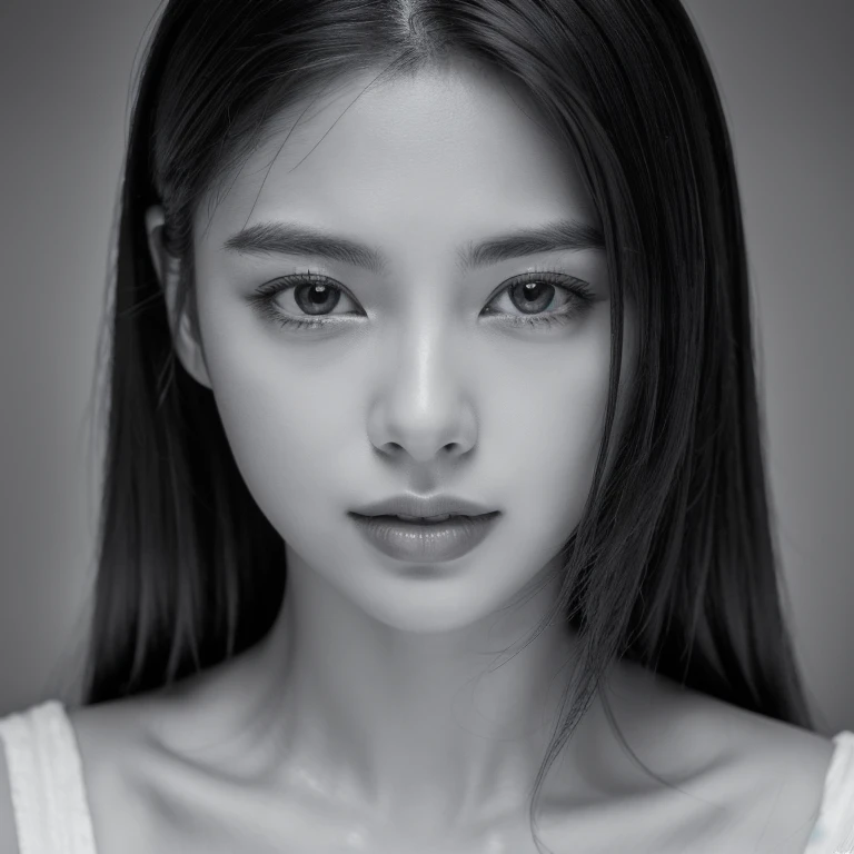 Masterpiece, Best Quality, Photorealsitic, Ultra-detailed, finely detail, high resolution, 8k wallpaper, Professional, high level of detail, ((monochrome photo)), 1girl in, ((Facing the front)), ((Only lips are in Red)), Detailed clavicle, face perfect,some moles, straight hair, (look straight at a camera)