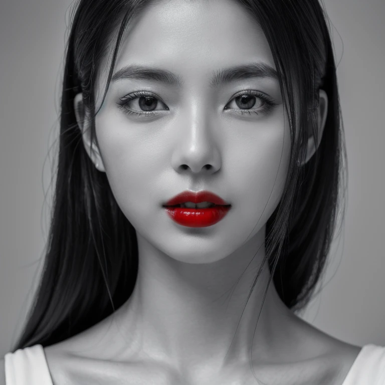 Masterpiece, Best Quality, Photorealsitic, Ultra-detailed, finely detail, high resolution, 8k wallpaper, Professional, high level of detail, ((monochrome photo)), 1girl in, ((Facing the front)), ((Only lips are in Red)), Detailed clavicle, face perfect,some moles, straight hair, (look straight at a camera)