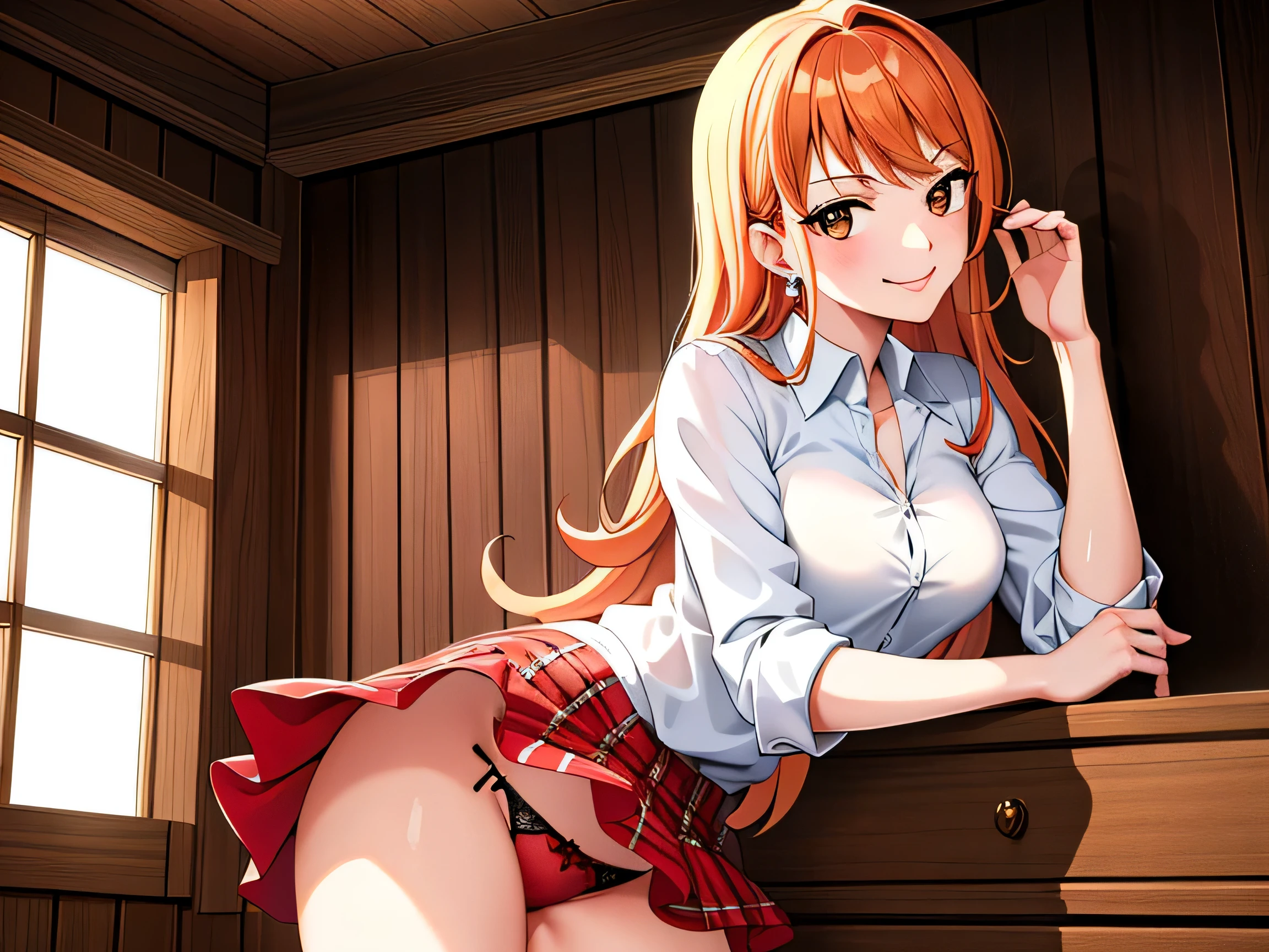 masterpiece, ((ultra detailed background, delicate pattern, intricate detail)), (highly detailed, fine details), best quality, beautiful lighting, ((medium breasts, slim girl)), NamiFinal, ((no shirt, red skirt)), simple shirt, 1girl, orange hair, solo, long hair, jewelry, brown eyes, smile, earrings, covered shoulders, (complex detailed background, inside, room environment, wooden walls, window, light rays), (cowboy shot), skirt up, red panties, smug, wet panties, red panties, exposed breasts, licking lips
