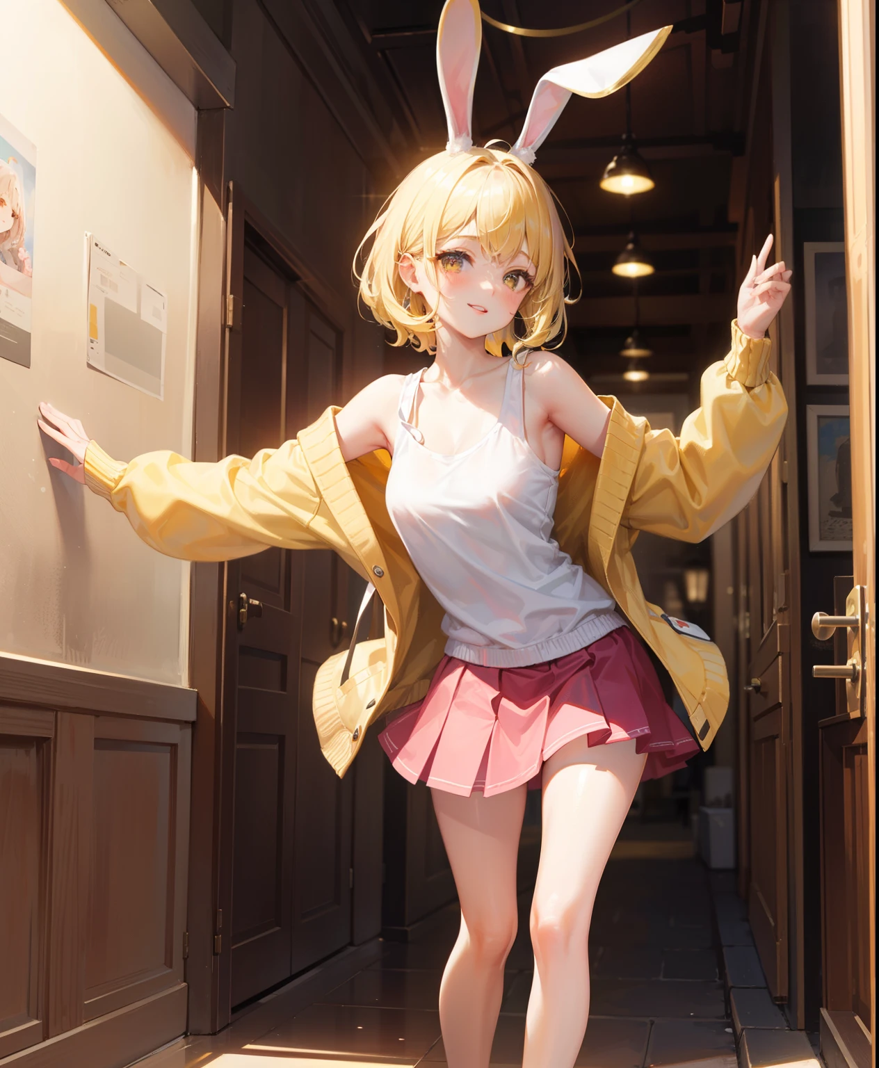 Dynamic posing, Arrange pose,Top quality work，，((short wavy Creamy Golden Blonde hair)),(Creamy Blonde hair),(short hair),(wavy hair),(golden eyes), lovely red lips, Rose cheeks, Pretty Face, A perfectly proportioned face, (casual clothes), wearing pink top and mini skirt，cardigan with bunny ears, full-body view， amazing, Large round chest、Beautiful eye details、Beautiful eyelashes、beautiful double eyelid, with blush cheeks, smilling