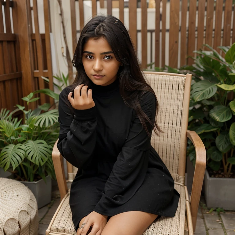 An 18-year-old indian girl sitting om a chair and sheis staring at me, her magical eyes have magic, her eyes are drawn, her eyes are trying to tell a secret, her eyes are bright, the girl is wearing traditional black dress with full sleeve ,bangles om hand,Crossy eyes,long hair,no body parts should be seen,covered body