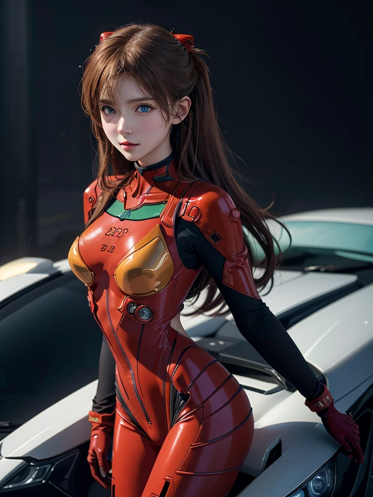 ((Best quality)), ((Masterpiece)), (Details: 1.4), 3D, Asuka Langley Soryu, Asuka, high resolution (high dynamic range), ray tracing, NVIDIA, super resolution, Unreal 5, subsurface scattering ,PBR texturing, post-processing, anisotropic filtering, depth of field, maximum sharpness and sharpness, multi-layered textures, albedo and specular maps, surface shading, accurate simulation of light and matter interaction, perfect proportions ,Octane Rendering,Two-Tone Lighting,Wide Aperture,Low ISO,White Balance,Rule of Thirds,8K RAW,(Masterpiece: 1.4, Best Quality), (Intricate Details), Unity8k Wallpaper, Highly Detailed, Beautiful and Mysterious, Details background, realistic, alone, perfectly detailed face, detailed blue eyes, highly detailed, blush, hair ornament, chignon mahogany hair, (blonde), plug suit 02, Shikinami Asuka Langley, Evangelion, Slender , full body suit, black background, above the waist,composition that shows the whole body,