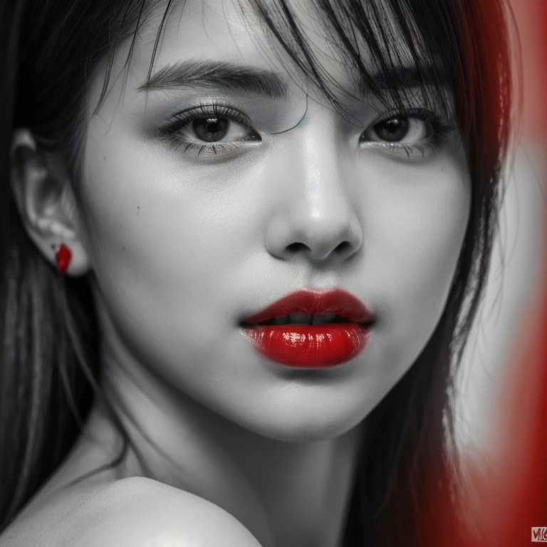 Masterpiece, Best Quality, Photorealsitic, Ultra-detailed, finely detail, high resolution, 8k wallpaper, Professional, high level of detail, ((monochrome photo)), 1girl in, ((Facing the front)), ((Only lips are in Red)), Detailed clavicle, face perfect,some moles in face, straight hair, (look straight at a camera)