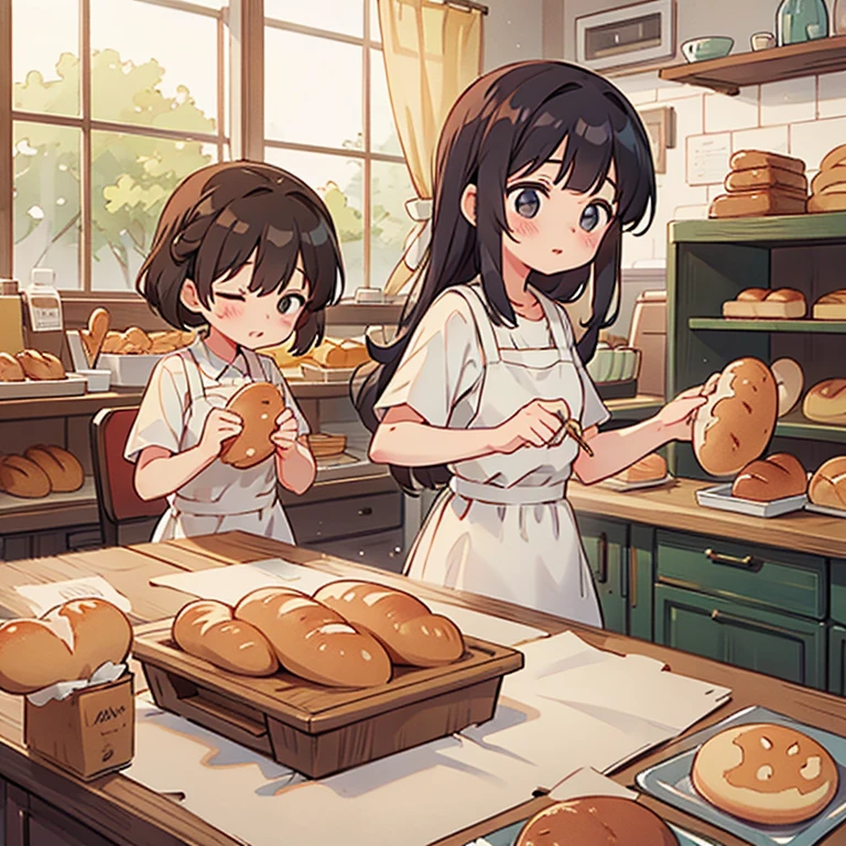 Girls kneading dough in a bakery