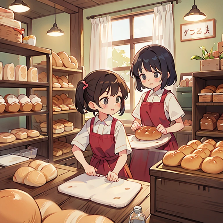 Girls kneading dough in a bakery