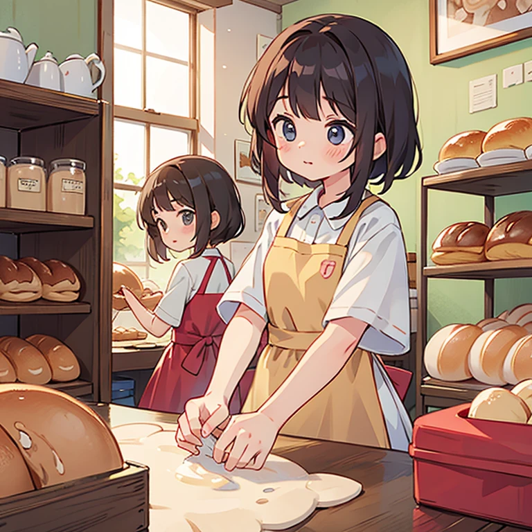 Girls kneading dough in a bakery