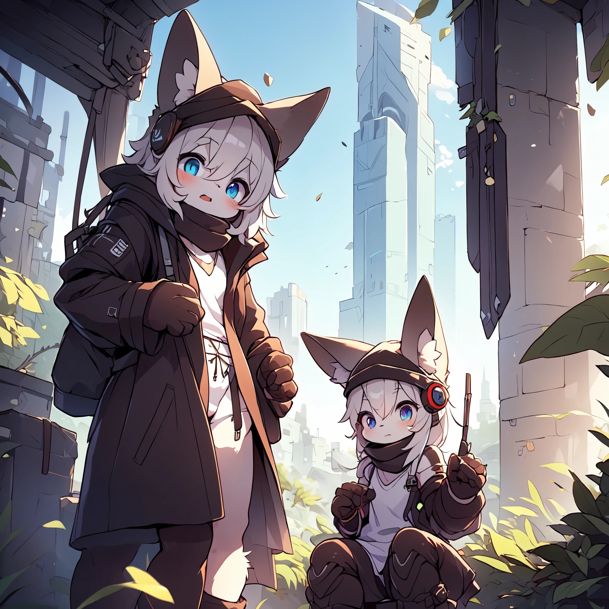 Kawaii, Striped Fluffy Fox, emaciated, long hair, 3girls, artificial synthetic skin, life support prosthetics, digital headphones, black tight latex bodysuit, white long dress, thigh-high-socks, shorts, loose off-the-shoulder hood open jacket, holsters in thigh, Mechanical boots, tactical knee pads, tactical belted loose Arm Sleeves, cybernetic Display gloves, chest rigs, tactical belts, blue archive halo, bulletproof goggles on forehead, from Ark nights, ray tracing, depth of field, bloom, masterpiece, ccurate, high details, highres