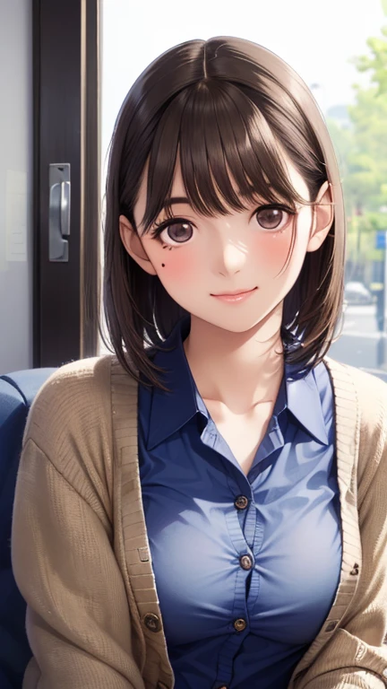 (masterpiece:1.2, highest quality), (Realistic, photoRealistic:1.4), Beautiful illustrations, (Natural Side Lighting, Cinema Lighting),
View your viewers, (Face Focus, Upper Body), Front view:1.0, 1 girl, Japanese, office lady, 17 years old, Perfect Face, Cute and symmetrical face, Shiny skin,
(Shiny brown hair, short hair, Brown eyes、smile、), Long Eyelashes, (Medium chest), thin,
Beautiful Hair, Beautiful Face, Beautiful fine details, Beautiful clavicle, Beautiful body, Beautiful breasts, Beautiful thighs, Beautiful feet, Beautiful fingers,
((Detailed cloth texture, (Tan Cardigan, Closed Cardigan), White collared shirt, Navy Pleated Skirt, Please edit this)),
(Beautiful views), evening, (Outside the park), Are standing, (Smile, Upward glance),
