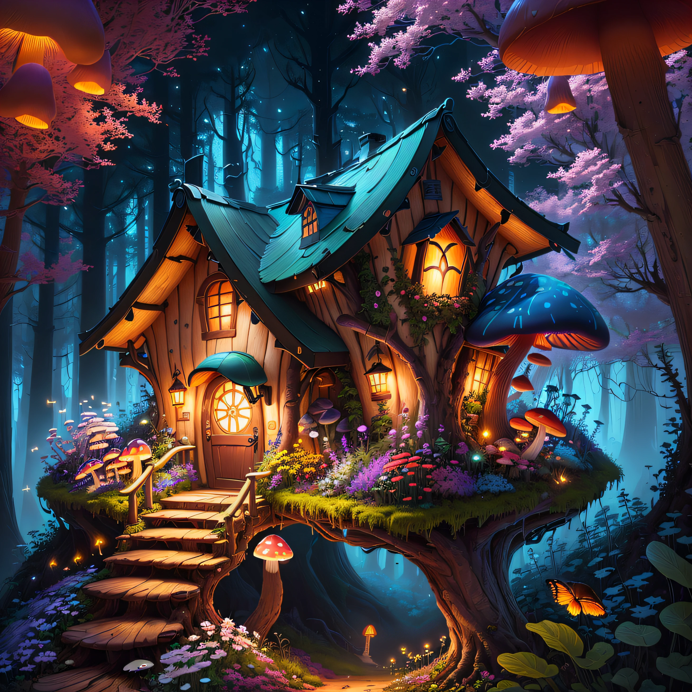 a closeup of a tree with a house in the middle on top of an anthill, Magical fantasy vegetation, fantasy game art style, detailed fantasy illustration, very detailed magical fantasy, elegant fantasy landscape art, 2d magic fantasy concept art, detailed digital fantasy art, fantasy tree, Arte conceptual colorido, fantasy enchanted magic forest, fantasy magic forest, fairy magic background --auto