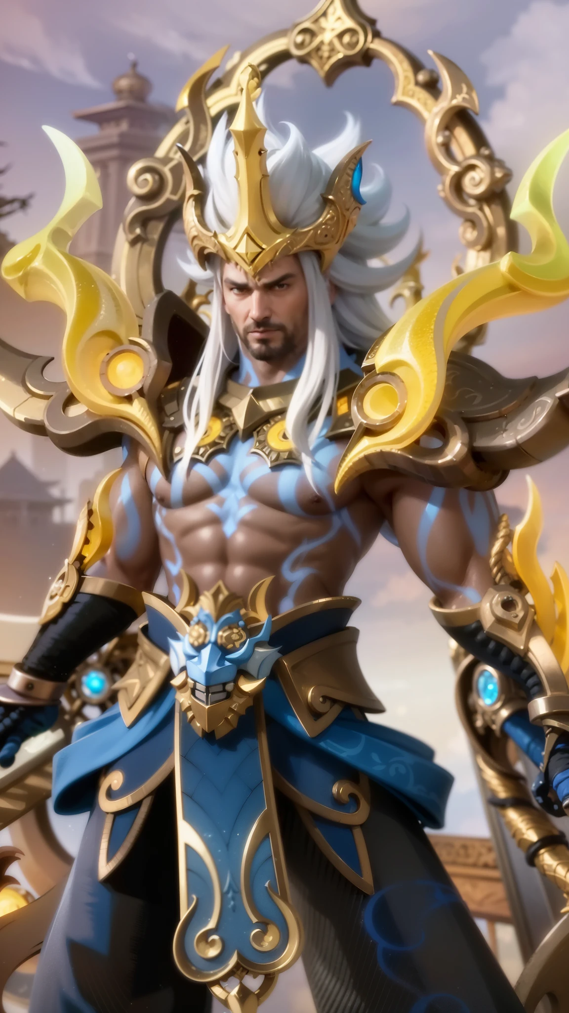 a close up of a guy holding a sword in a sky, Masterpiece, ultra HD, detailed all picture, a close up of a devil, dyrroth from mobile legend, evil, extremely detailed artgerm, mobile legends character, inspired by Dyrroth, Six pack chest and abs, black jewel above the chest, light yellow eyes.