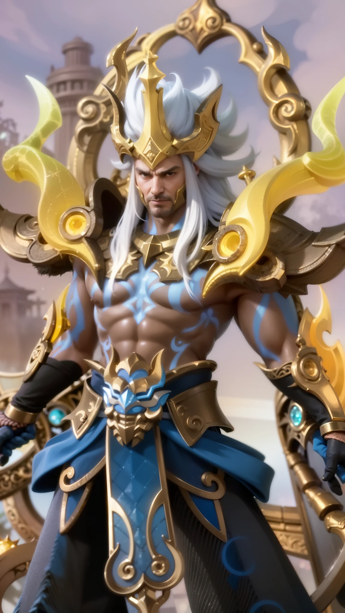a close up of a guy holding a sword in a sky, Masterpiece, ultra HD, detailed all picture, a close up of a devil, dyrroth from mobile legend, evil, extremely detailed artgerm, mobile legends character, inspired by Dyrroth, Six pack chest and abs, black jewel above the chest, light yellow eyes.