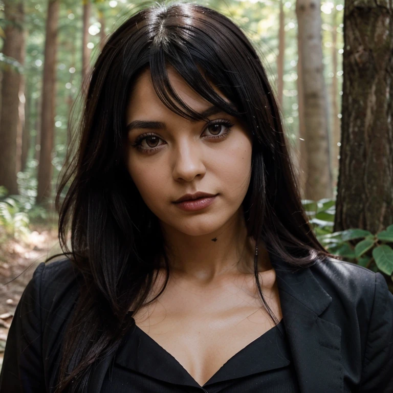 Chica con traje de lobo, ojos negros y cabello negro largo, she's in a forest