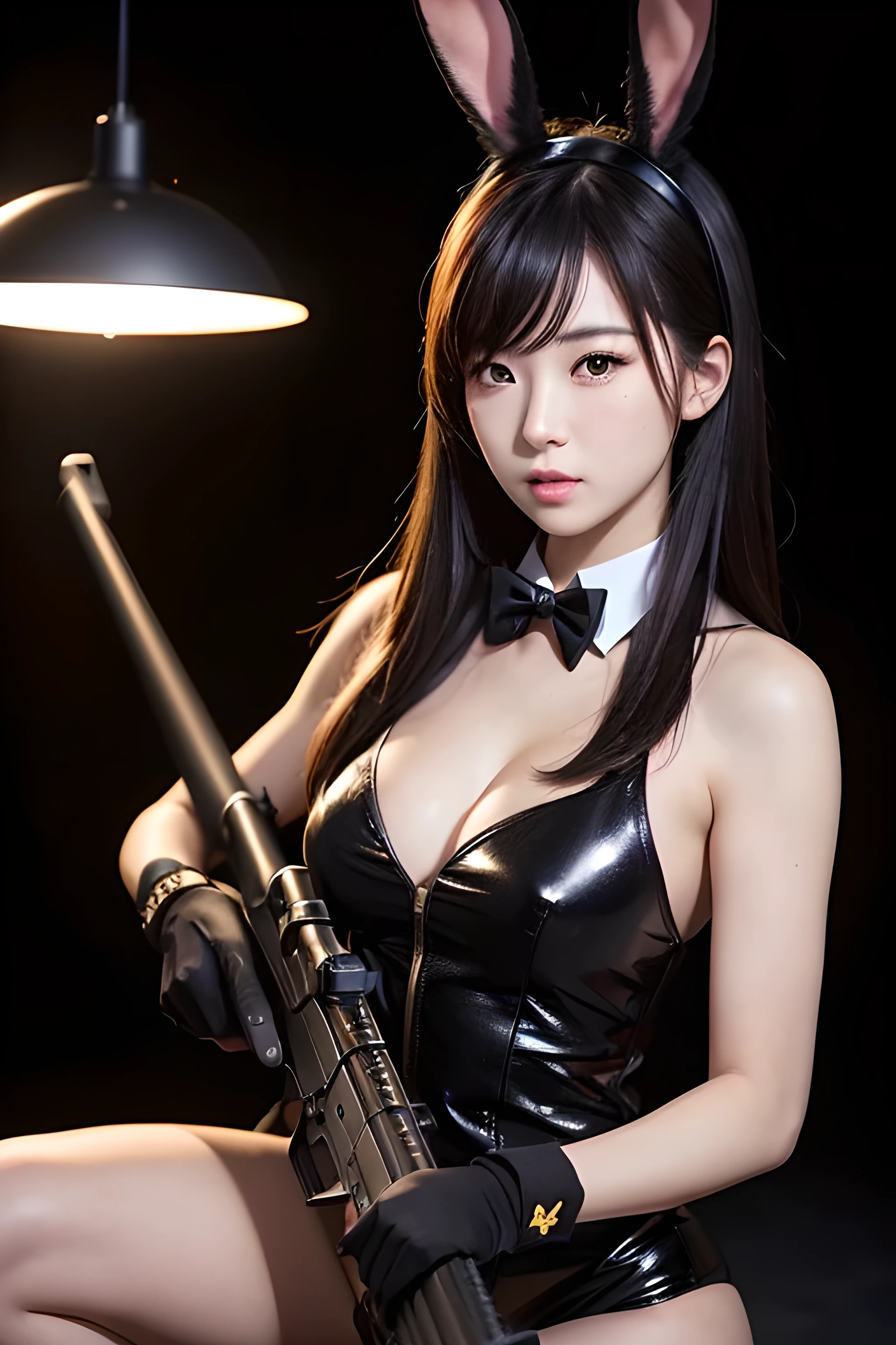 highest quality, RAW Photos, Realistic photos, Rifle in right hand, Shooting pose with a rifle, Beautiful woman in a bunny girl costume, black, Detailed and beautiful skin, Staring at the target, Very dark casino, Lighting that makes the subject stand out, Wide-angle shot, Dynamic Perspective,