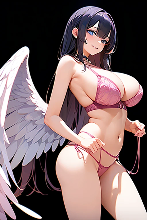 (masterpiece, best quality), intricate details, 8k, artstation, wallpaper, official art, splash art, sharp focus, 1girl,barefaced,((pink lingerie)), ((white wings)),black hair, blue eyes, smile, sexy, large breast, sexy, Sexy, big bust, beautiful body,