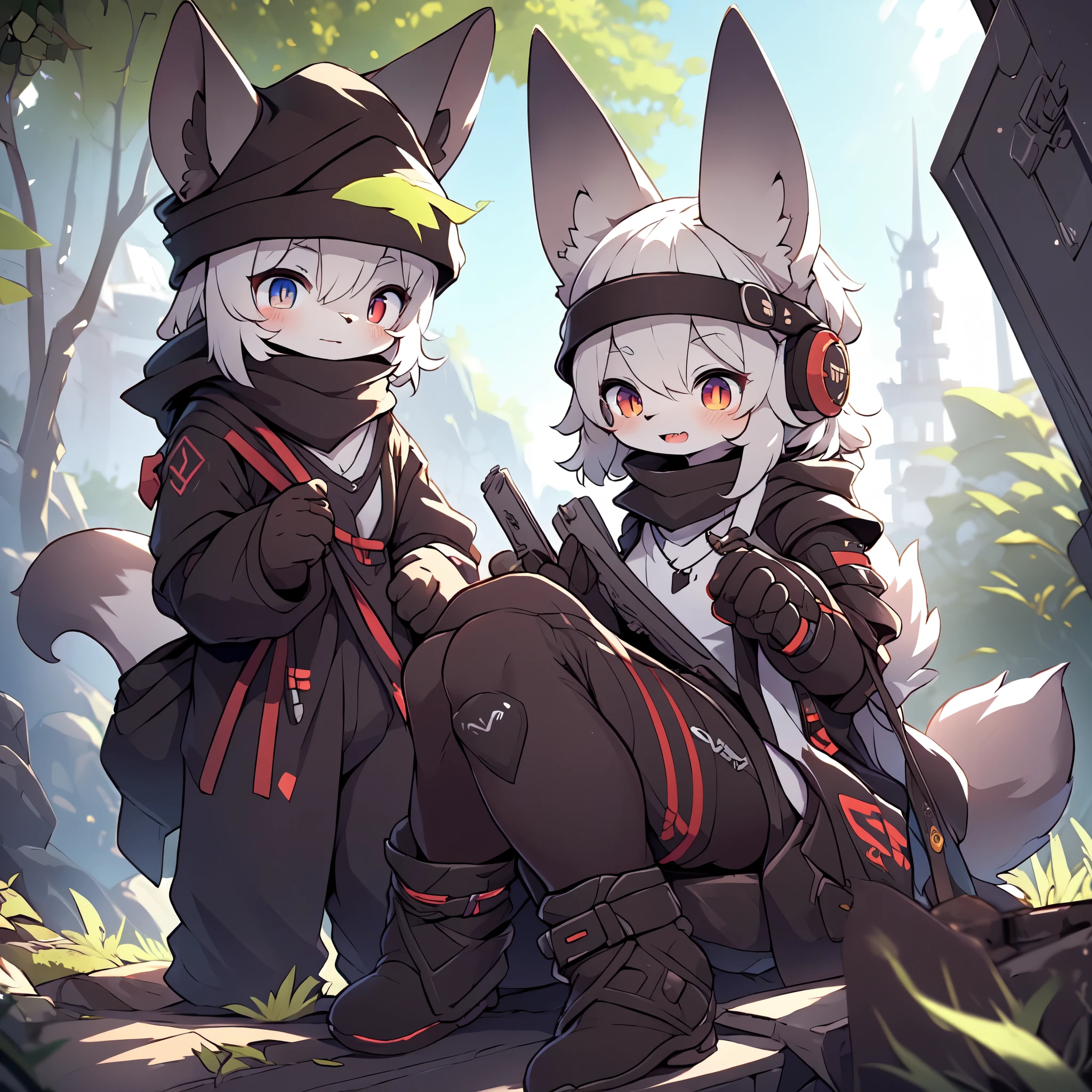Kawaii, Striped Fluffy Fox, emaciated, long hair, 3girls, artificial synthetic skin, life support prosthetics, digital headphones, black tight latex bodysuit, white long dress, thigh-high-socks, shorts, loose off-the-shoulder hood open jacket, holsters in thigh, Mechanical boots, tactical knee pads, tactical belted loose Arm Sleeves, cybernetic Display gloves, chest rigs, tactical belts, blue archive halo, bulletproof goggles on forehead, from Ark nights, ray tracing, depth of field, bloom, masterpiece, ccurate, high details, highres
