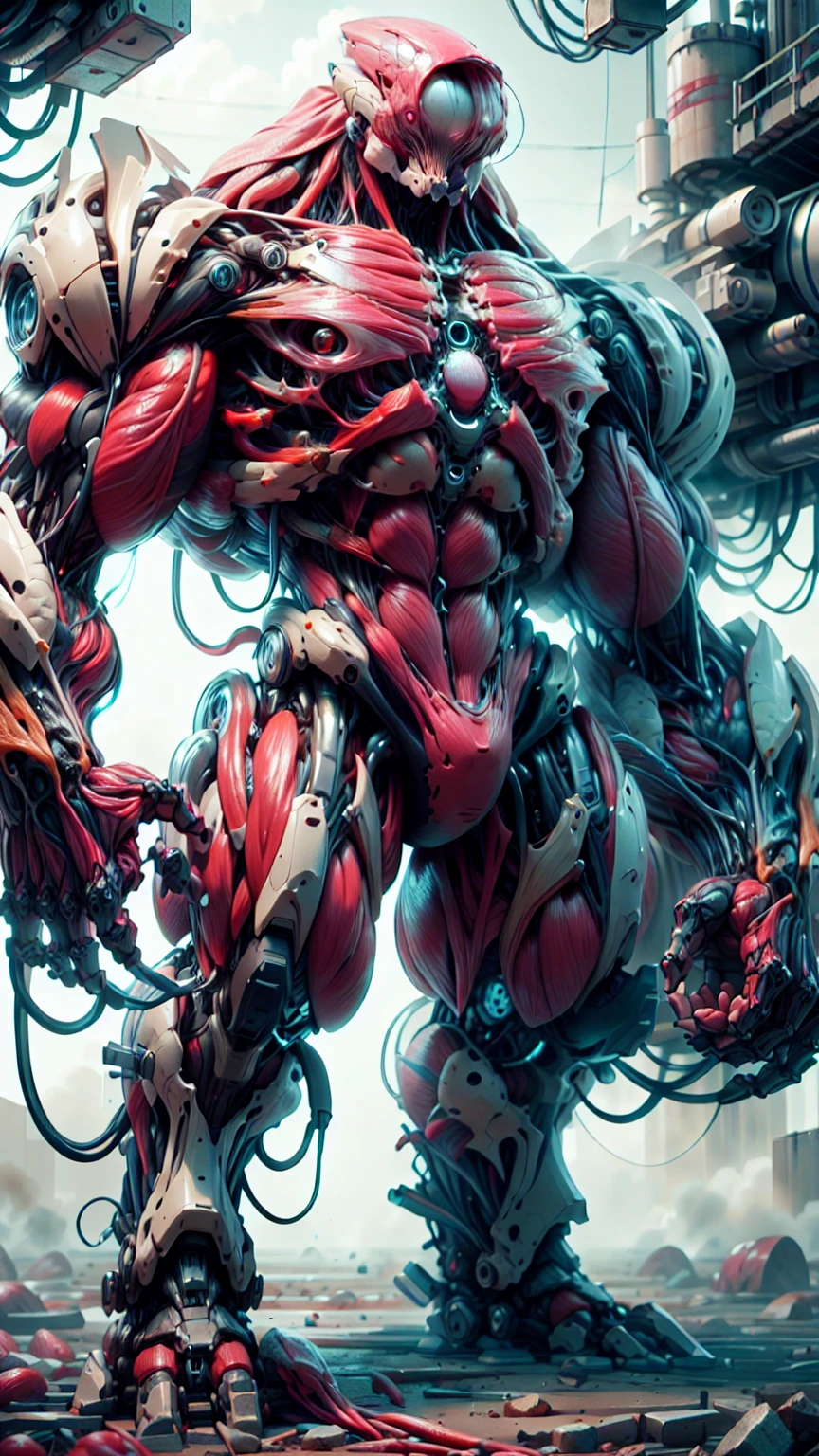 (1 girl), (megan fox:1.25), (muscular android girl wearing a red anatomic bio-mecha cybernetic muscle suit:1.25), (wide shoulders:1.25), (muscular defined physique:1.25), perfect hands, (long hair:1.25), looking at viewer, high resolution image, extreme detail, blank background