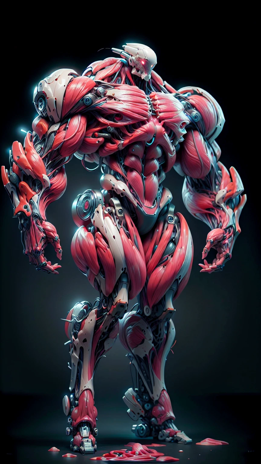 (1 girl), (megan fox:1.25), (muscular android girl wearing a red anatomic bio-mecha cybernetic muscle suit:1.25), (wide shoulders:1.25), (muscular defined physique:1.25), perfect hands, (long hair:1.25), looking at viewer, high resolution image, extreme detail, blank background