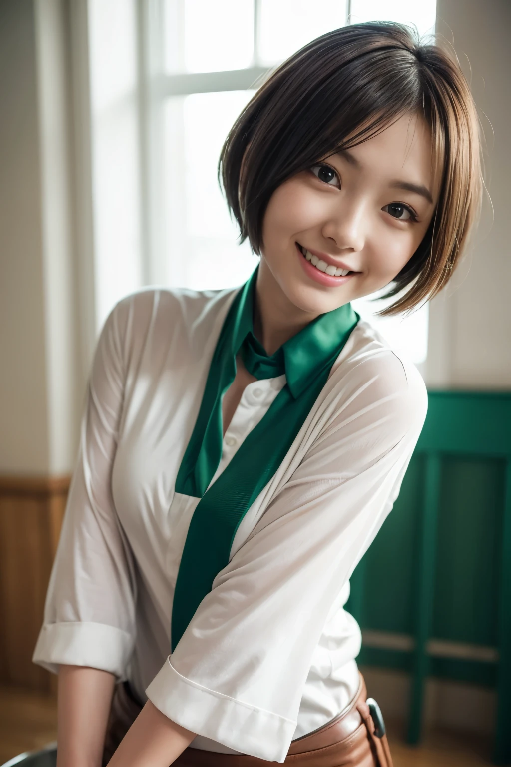 masterpiece, highest quality, best quality, 1girl, solo, looking at viewer, , tezuka rin, (armless amputee:1.2), brown hair, collar, collared shirt, (double amputee:1.2), green eyes, katawa shoujo, red necktie, shirt, short hair, solo, white shirt, lozhkin, grin, accurate teeth with gaps