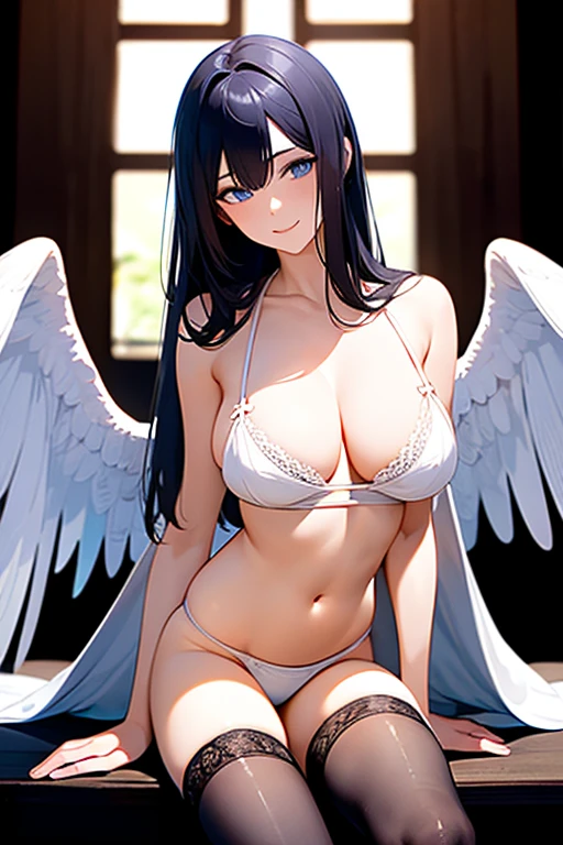 (masterpiece, best quality), intricate details, 8k, artstation, wallpaper, official art, splash art, sharp focus, 1girl,barefaced,((white lingerie)), ((white wings)),black hair, blue eyes, smile, sexy, large breast, sexy, Sexy, big bust, beautiful body,