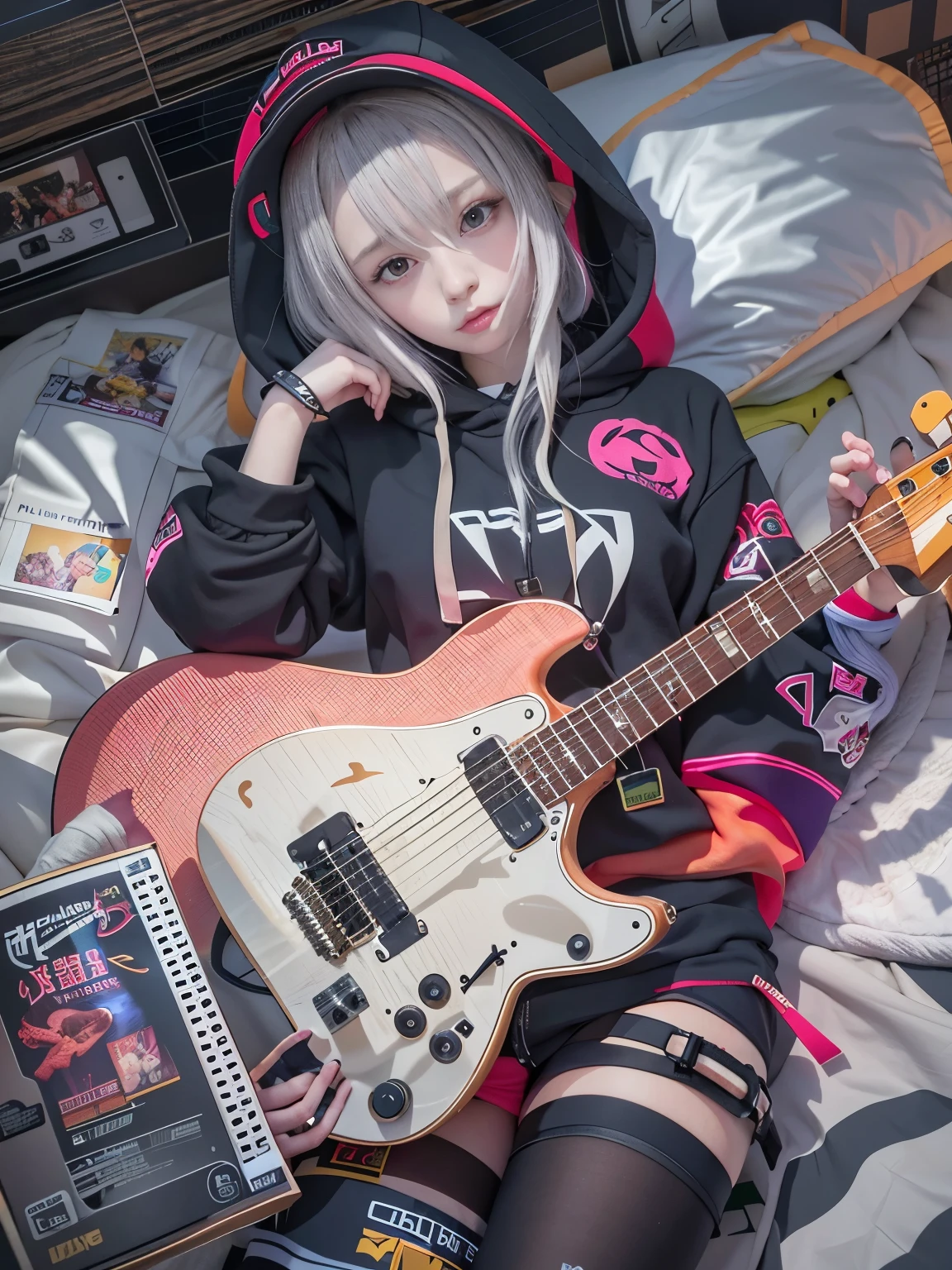 The girl lay on the bed,Holding a guitar and a bunch of toys, Guviz-style artwork, Anime girl cosplay, cyberpunk anime girl, style of anime4 K, e - girl, E-Girl, Guviz, Fanart Meilleure ArtStation, Guweiz in Pixiv ArtStation, anime-inspired, cyberpunk anime girl in hoodie