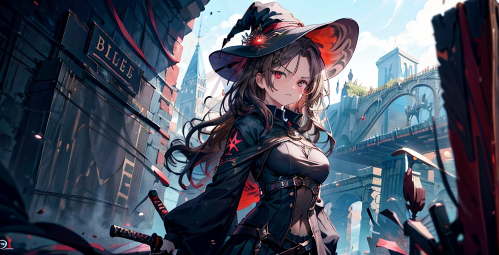 masterpiece,1girl, sparrow, a brown haired girl, wearing a witch clothes, wavy medium hair, messy hair, black skirt, slim body, she have a sword, medium breasts, she close her left eye, shirt ornament, lolippai, angry face, beautiful breasts, rounded breasts, crimson eyes, break halo, wizard hat, crimson eyes