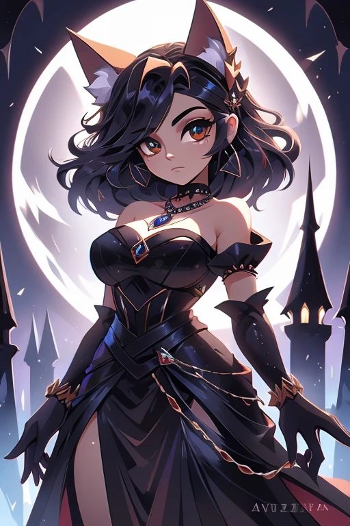 Nome: Valentina Raça: Vampira Cor da pele: pale, com um leve tom acinzentado Cor dos olhos: Vermelho intenso Cabelo: Longo e escuro, na cor preta, com mechas vermelhas Vestimenta: Um vestido elegante, na cor preta, com detalhes em renda e seda. She wears a black pearl necklace and elbow-length gloves.. accessories: Um par de presas afiadas, uma capa longa e negra, and a fan adorned with gothic details.Its background shows a gothic setting, with gloomy castles and a full moon shining in the sky, refletindo sua natureza noturna e misteriosa.