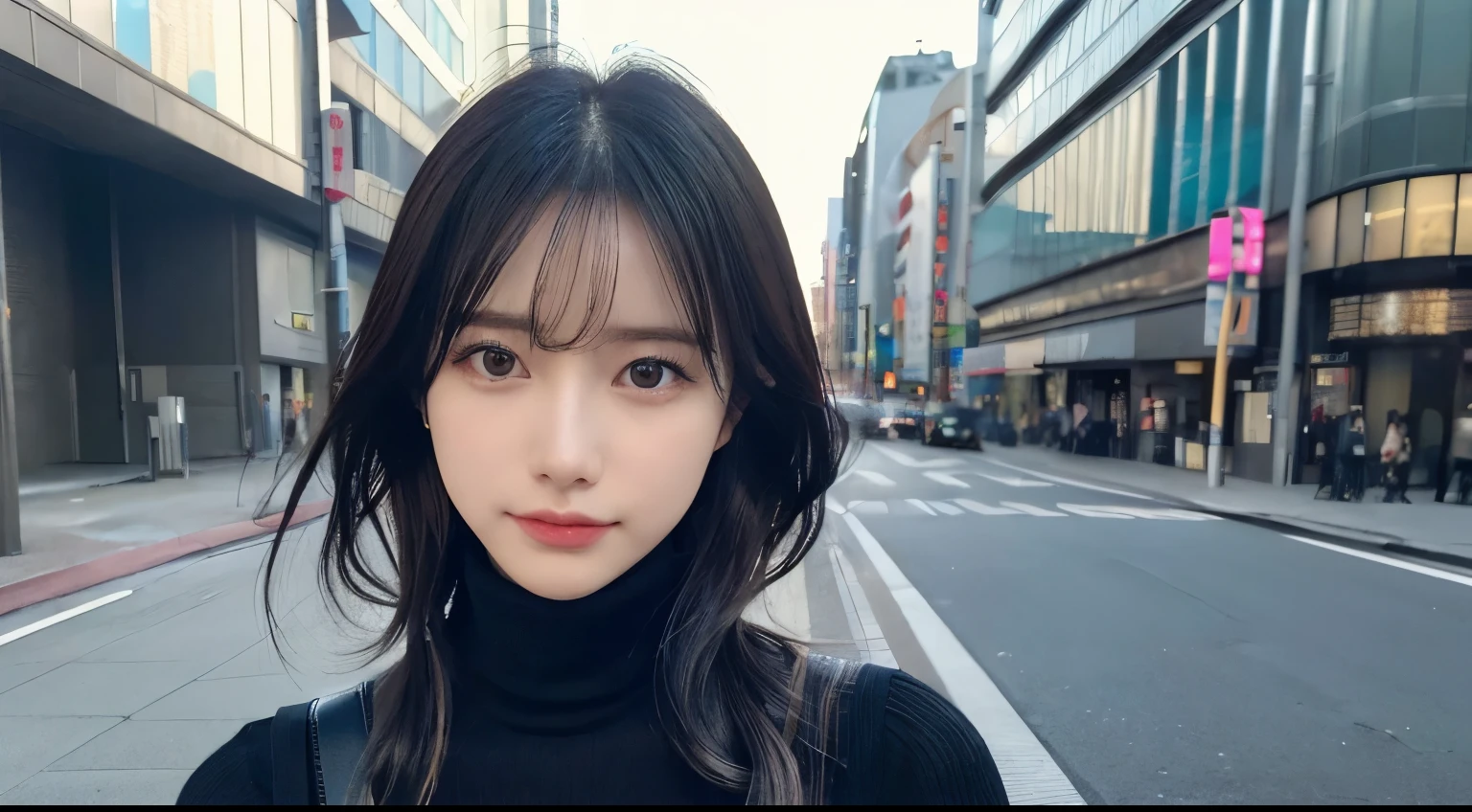 (huge 、Turtleneck knit、Shoulder bag)、(highest quality,masterpiece:1.3,超A high resolution,),(Ultra-detailed,Caustics),(Photorealistic:1.4,RAW shooting,)Ultra-Realistic Capture,Very detailed,High resolution 16K for human skin、 The skin texture is natural、、The skin looks healthy、The color is also uniform.、 Use natural light and color,One Woman,Japanese,,cute,Black-haired,Middle Hair,(Depth of written boundary、chromatic aberration、、Wide range of lighting、Natural Shading、)、(Hair swaying in the wind:1.2)、Tokyo cityscape