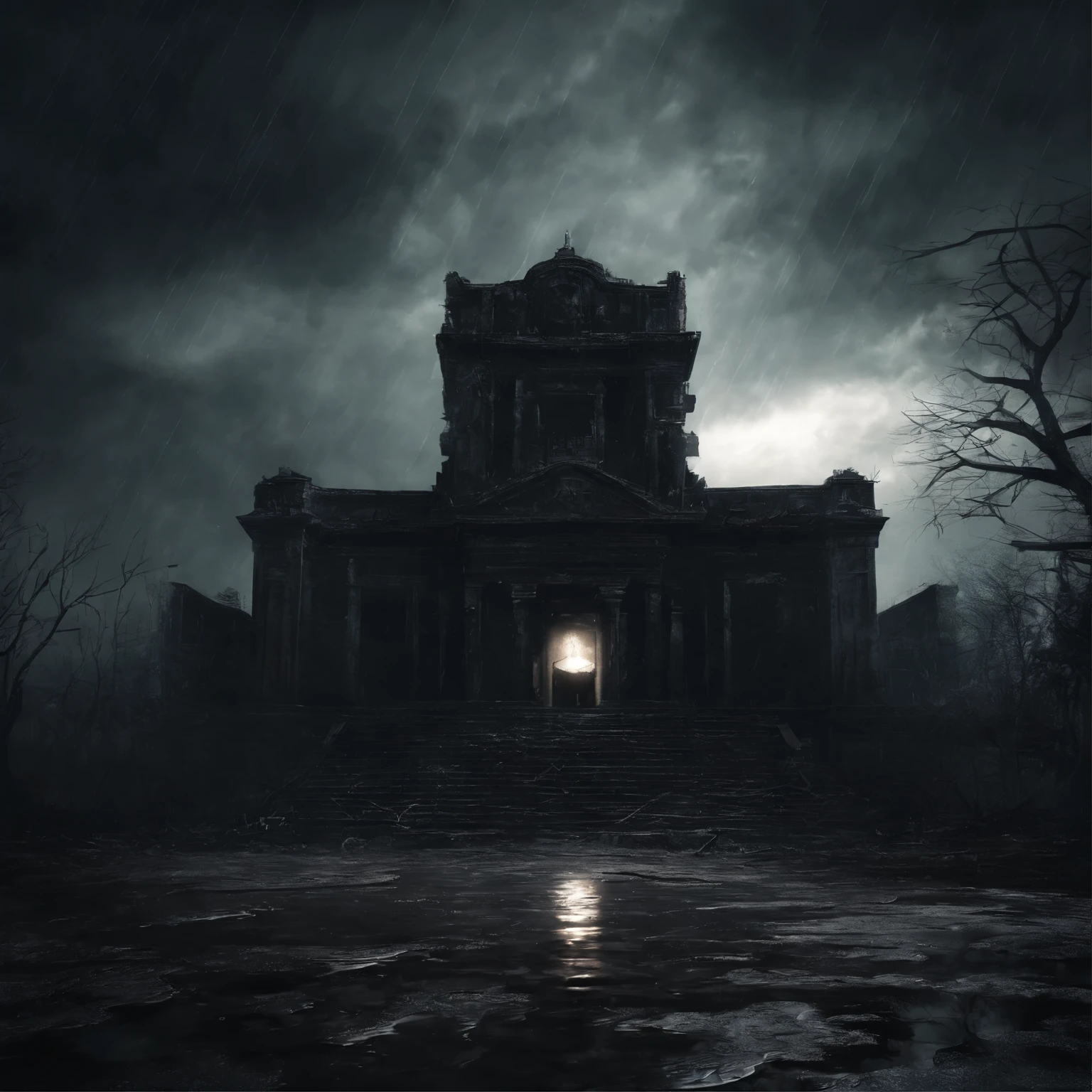 (best quality, masterpiece),( dark sky, heavy rain, inside abandoned temple, low water level stagnant water, ), realistic background, 2112, light*_black_particle,