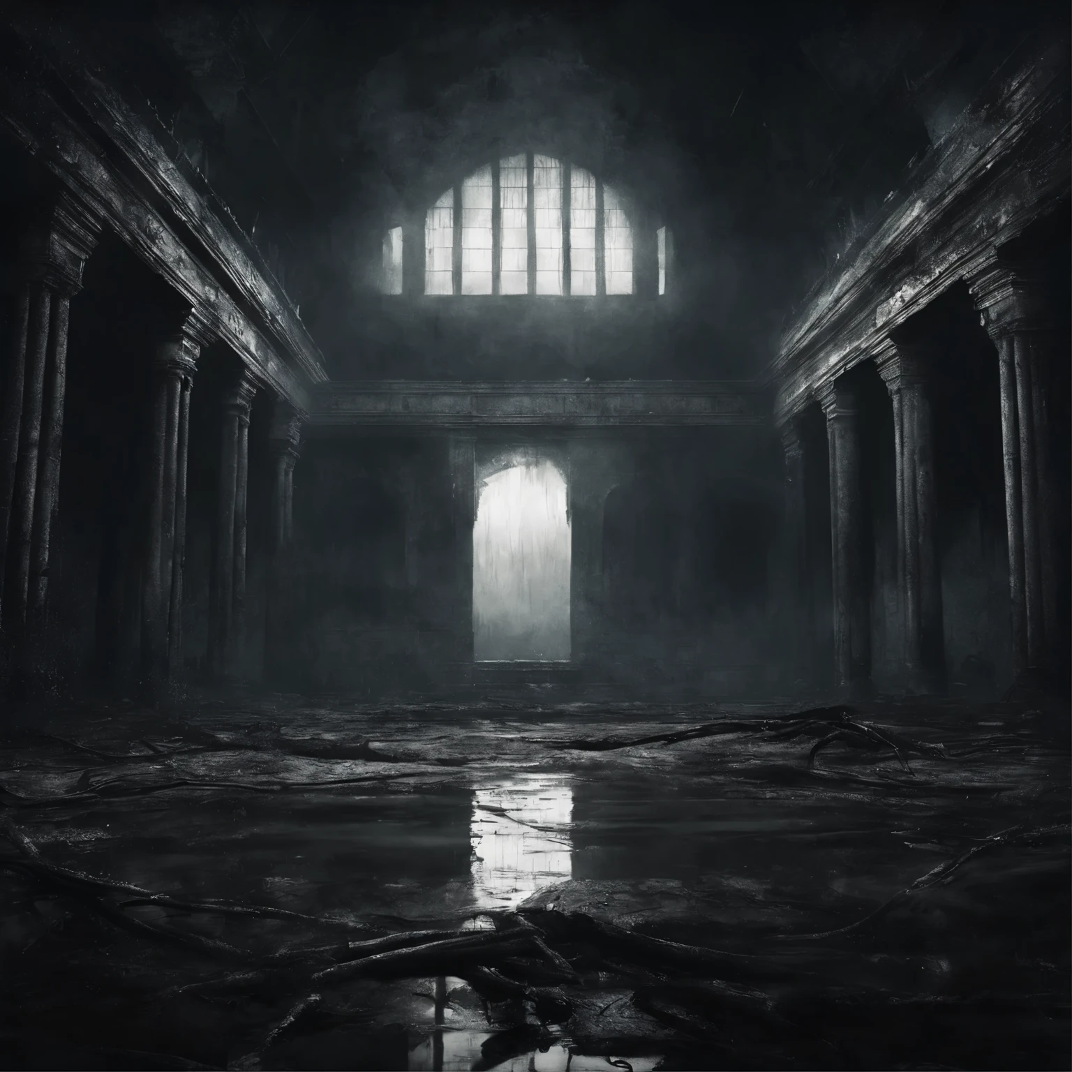 (best quality, masterpiece),( dark sky, heavy rain, inside abandoned temple, low water level stagnant water, ), realistic background, 2112, light*_black_particle,